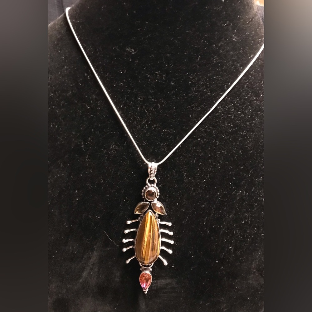 Tiger Eye Citrine Garnet Stamped 925 Sterling Silver Necklace